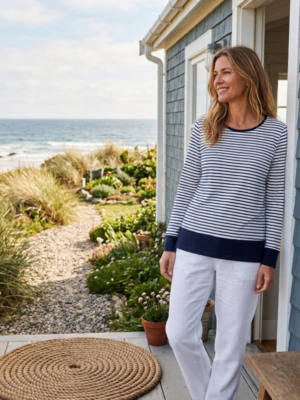 Chicos Tunic Top XL Sz 3 Navy Blue White Nautical Soft Sweater Long Sleeves